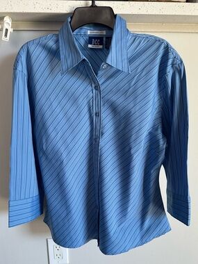 DCC Missy Light Blue Diagonal Stripe Dress Shirt 3/4 Sleeves